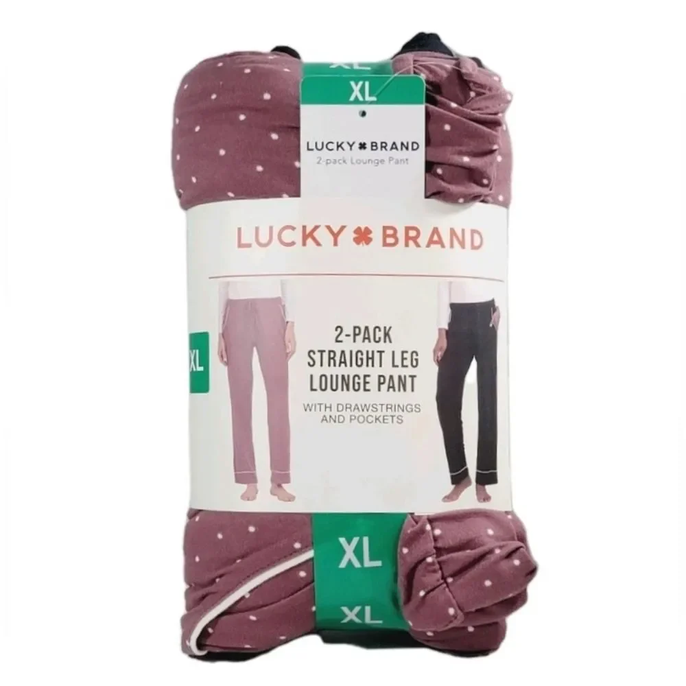2-pk Lucky Women's XL Comfy Straight Leg Lounge PJ Pants Relaxed Black/Pink Dot - Picture 2 of 7